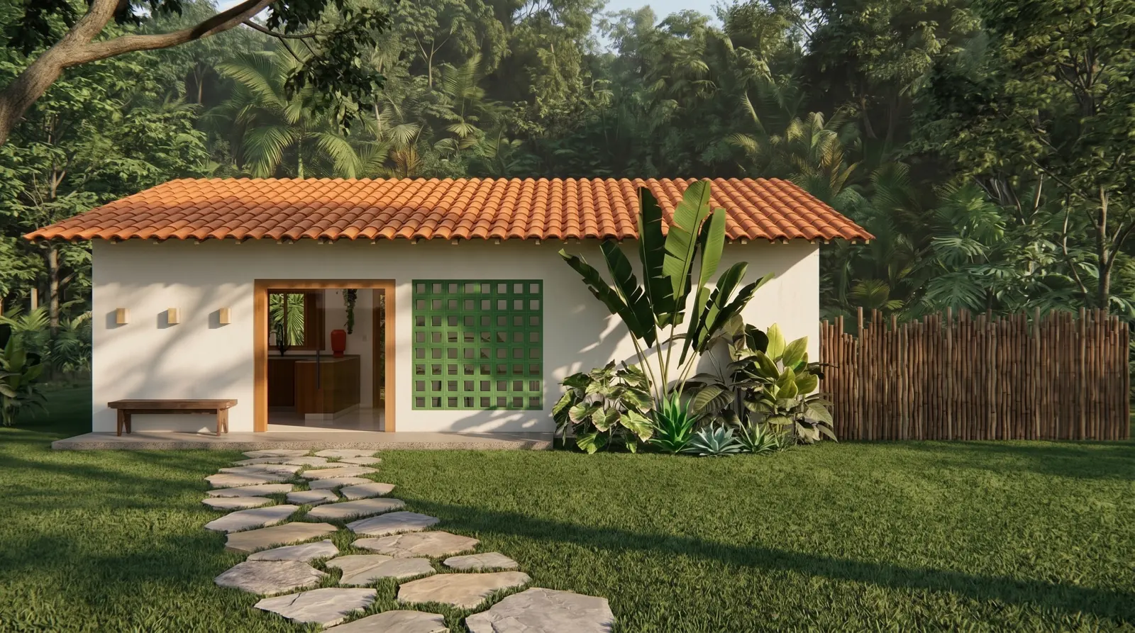 Fachada da Casita C26 durante o dia, com jardim e caminho de pedras