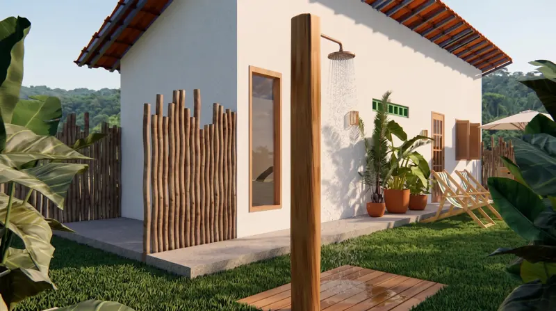 Ducha externa da C26 com cerca de bambu