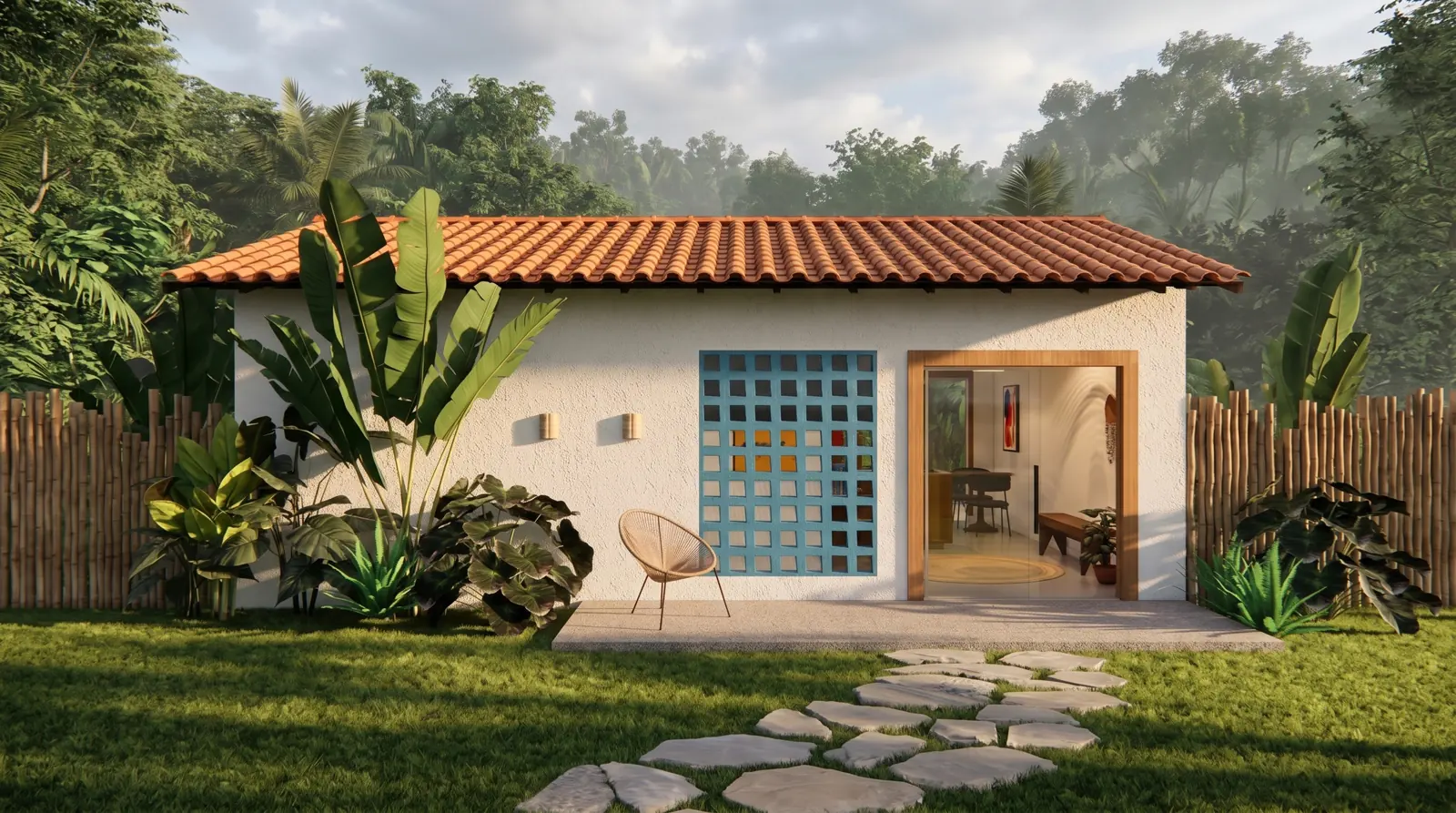 Fachada da Casita C28 com cobogó azul e jardim tropical