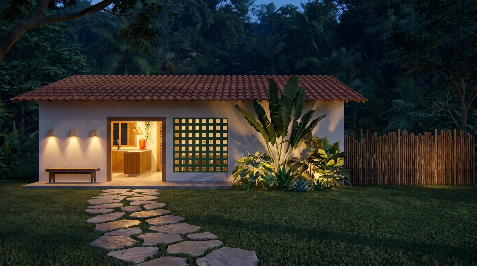 Casita C26 à noite, com luz quente saindo da porta e do cobogó, cercada por vegetação tropical